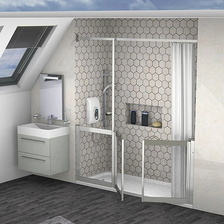 Milton Silver LH Front Access Half Height Bi-Parting Doors Hinged from Wall & Fixed Panel 1 Milton Silver LH Front Access Half Height Bi-Parting Doors Hinged from Wall & Fixed Panel