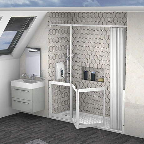 Milton White LH Front Access Half Height Bi-Fold Shower Door Hinged from Fixed Panel 1 Milton White LH Front Access Half Height Bi-Fold Shower Door Hinged from Fixed Panel