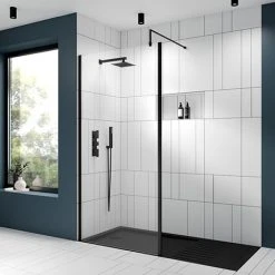 Venice Matt Black Outer Framed 8mm Wetroom Screen with Support Arm (1950mm High) - Various Sizes
